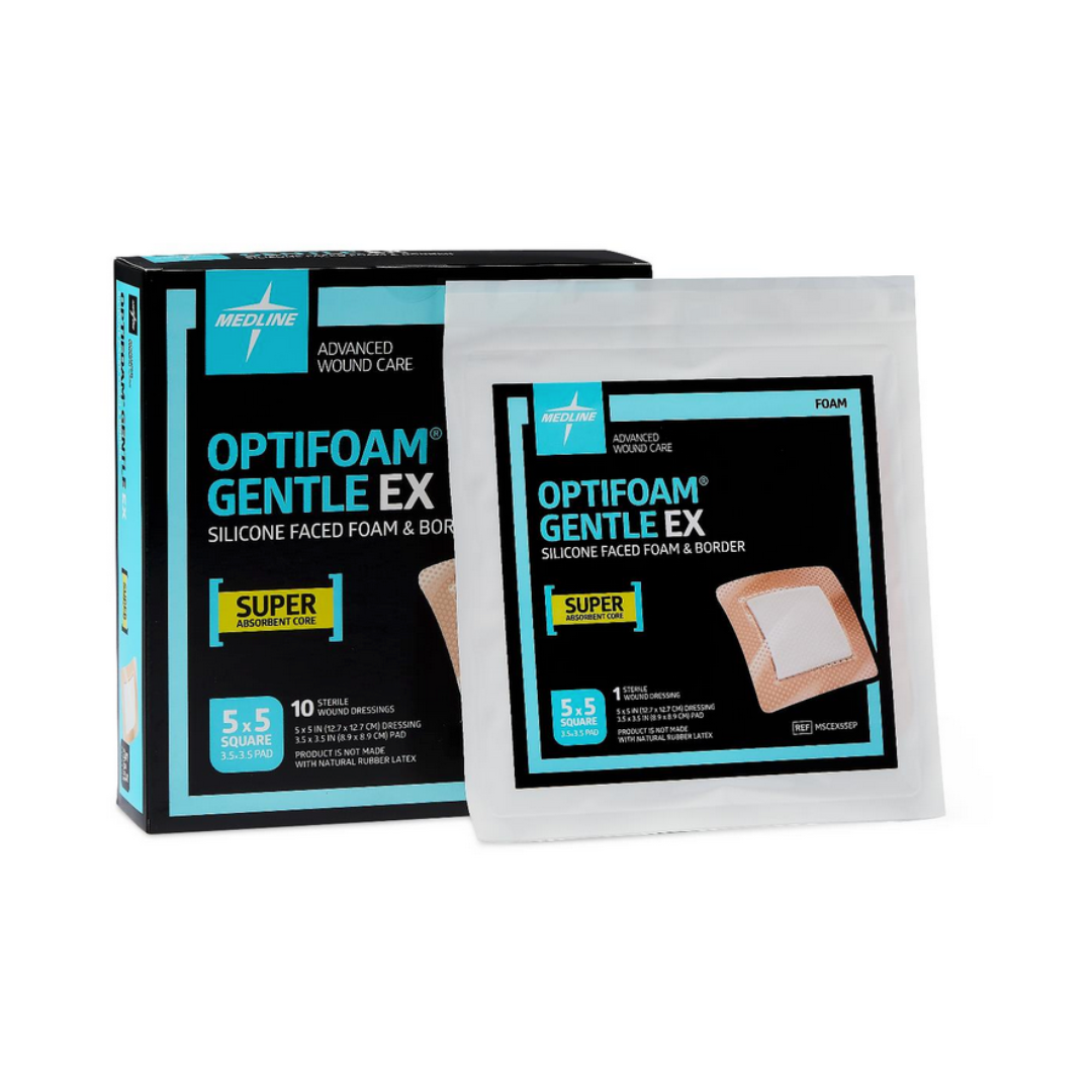 A box and single packet of Medline Optifoam Gentle EX Silicone-Faced Foam Wound Dressings, labeled Advanced Wound Care with superabsorbent core, featuring a bandage image on the packaging.